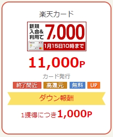 楽天カード発行の案件だと1,000P（円）のダウン報酬